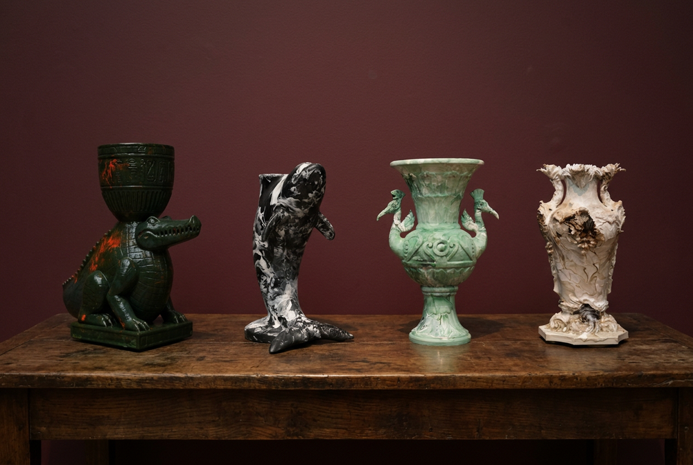 Hobak Dilano, Hokra Tuxo, Tohit Biniva and Xarth Rolve displayed on a wooden console against a burgundy gallery wall.