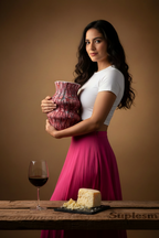 Woman holding a pink vase with a glass of red wine and cheese on a wooden table against a brown background