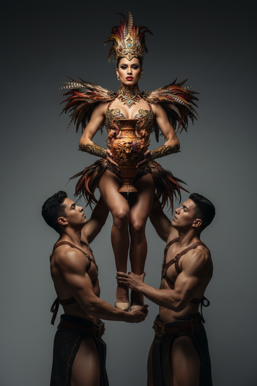 A high-fashion editorial photo of a female performer in an ornate bronze and gold carnival costume with feathered wings and a tall feathered headdress, supported by two muscular male dancers against a dark gray studio background.