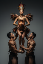 A high-fashion editorial photo of a female performer in an ornate bronze and gold carnival costume with feathered wings and a tall feathered headdress, supported by two muscular male dancers against a dark gray studio background.