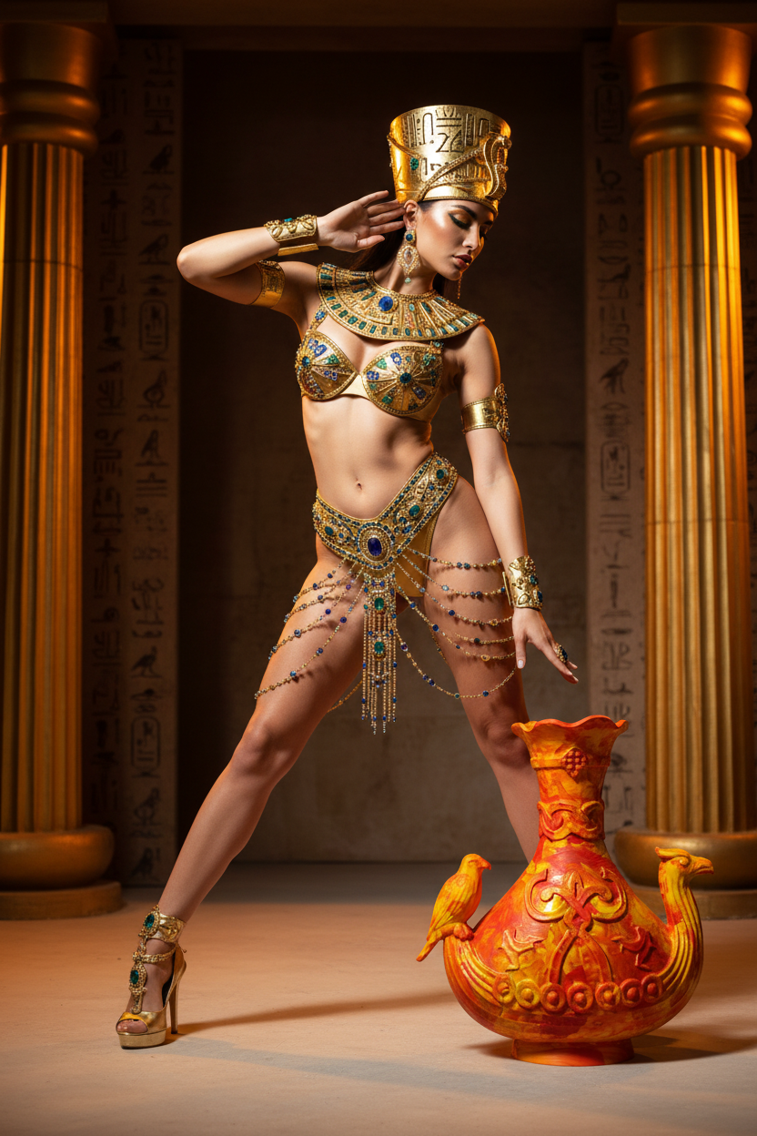A woman in ornate gold Egyptian-inspired costume jewelry and a matching headdress poses in a temple-like interior with columns, next to a large decorative red and gold vase.