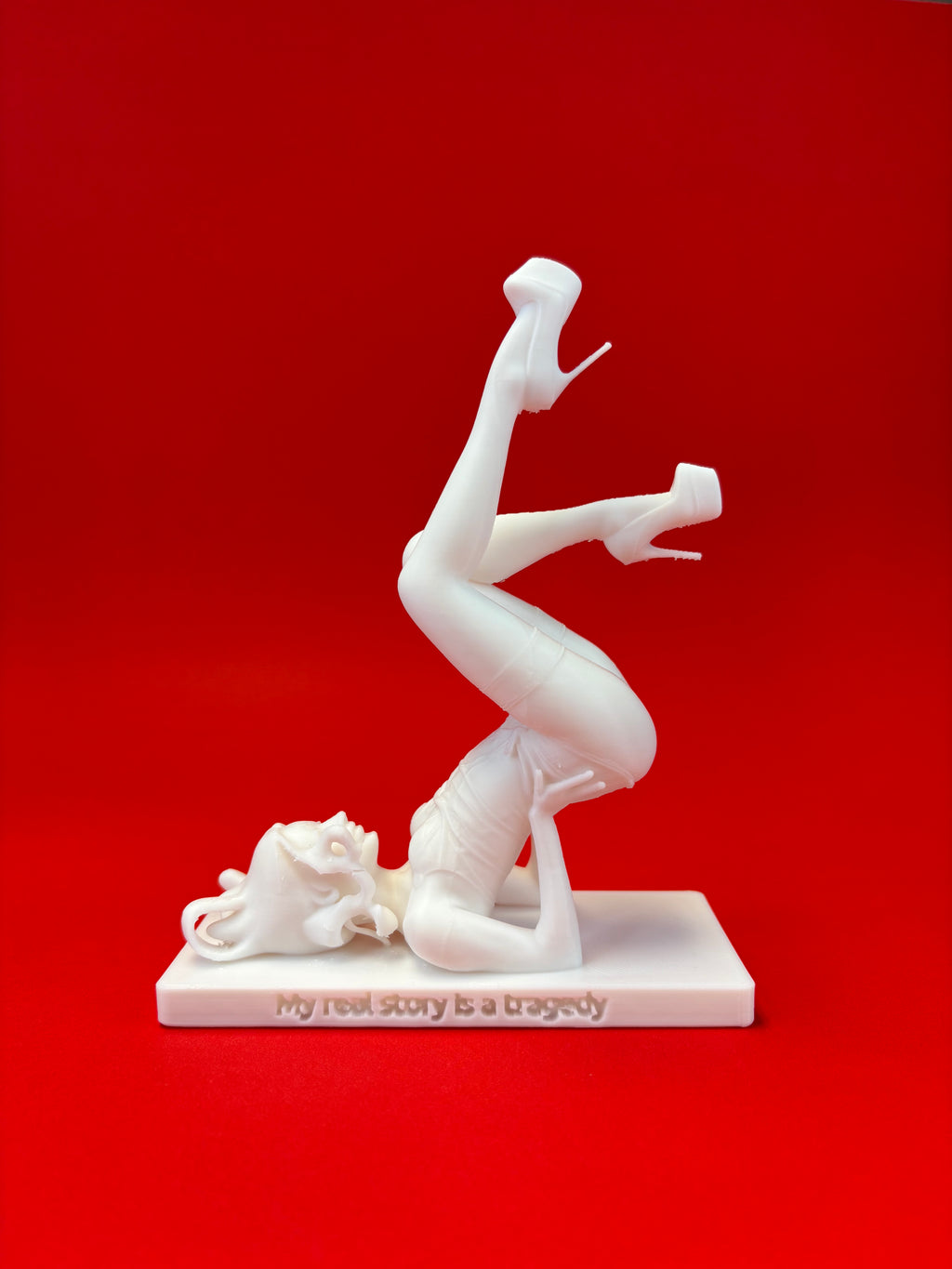 White sculpture of a woman on a red background