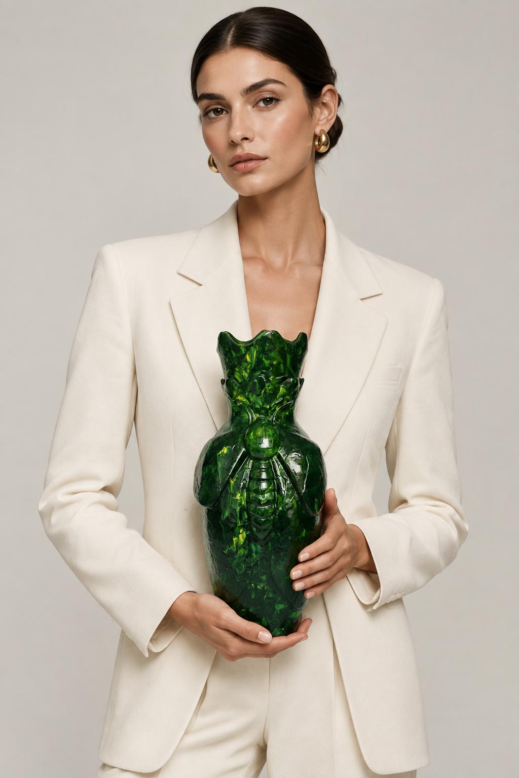 A woman in a cream-colored blazer holds a glossy, sculptural green glass vase shaped like a beetle against a neutral light gray background.