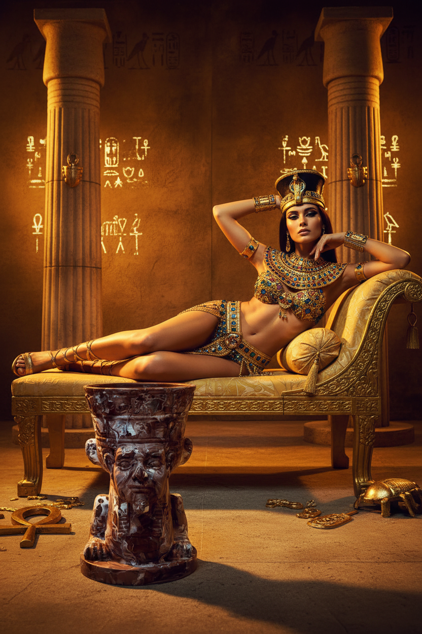 A woman reclining on an ornate chaise lounge in an Egyptian-themed room with columns, hieroglyphics, and a carved pedestal in the foreground. She is wearing an elaborate gold and turquoise costume with a headdress and jewelry.