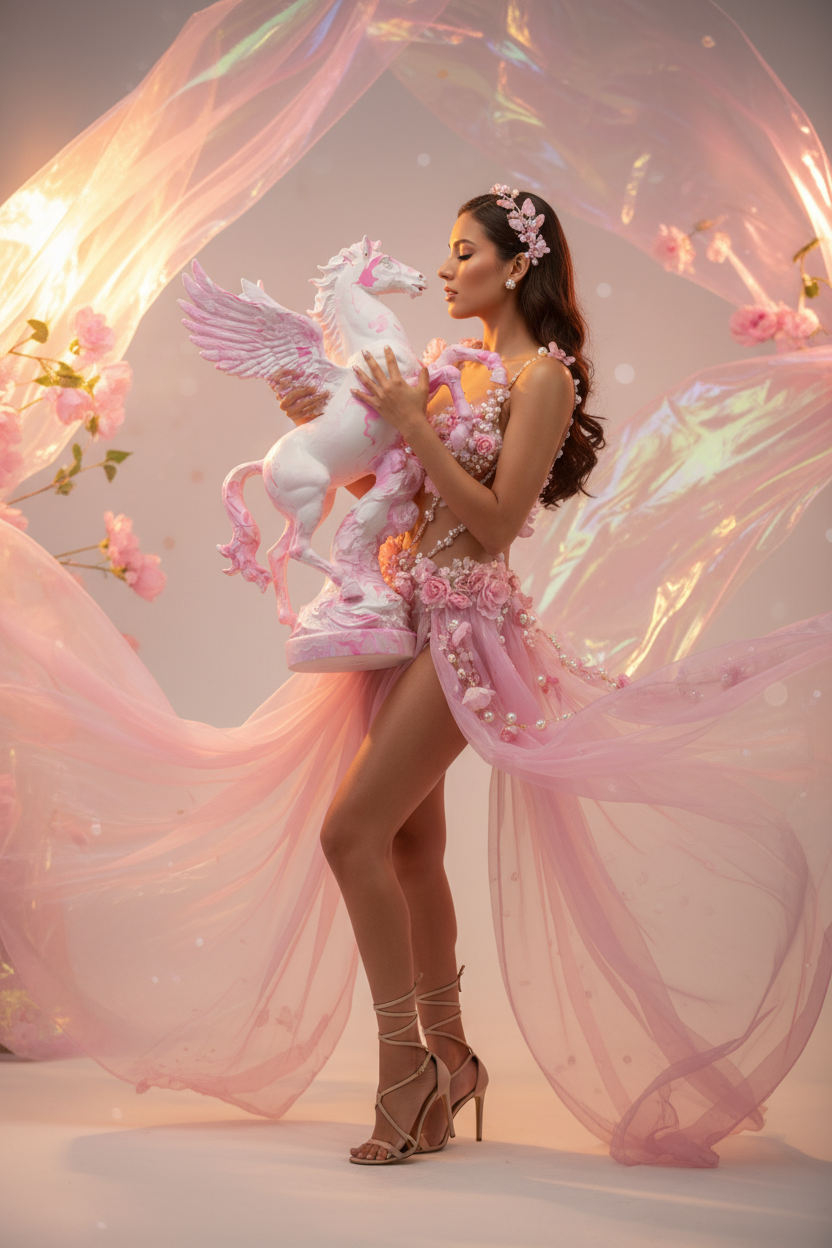 A woman in a flowing pink fantasy-style dress poses with a white winged horse statue, surrounded by translucent pink fabric and floral decorations in a soft, dreamy studio setting.