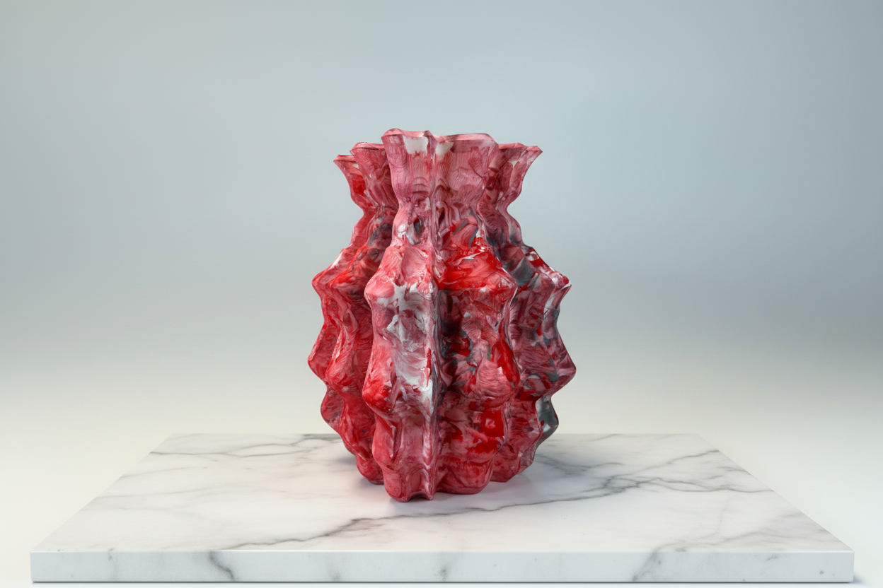 Red textured vase on a marble surface with a light gray background