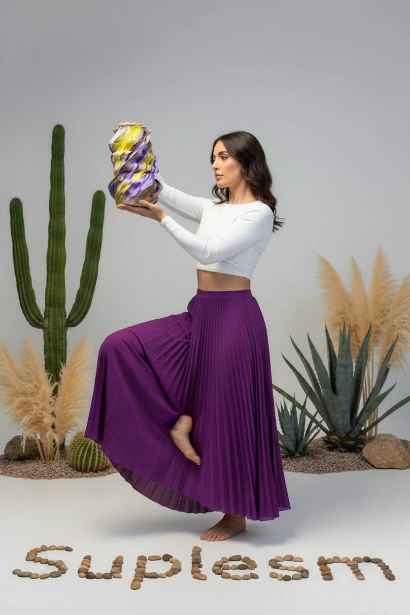 Woman in a white top and purple skirt holding a colorful vase against a desert-themed background with cacti and plants.