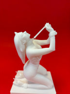 White sculpture of a woman in a dynamic pose against a red background