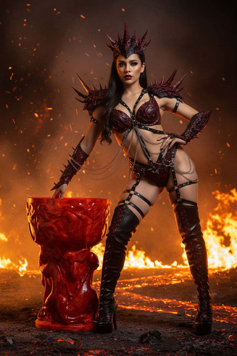 A woman in a dark red and black spiked fantasy costume poses beside a large red chalice, with flames and embers in the background.