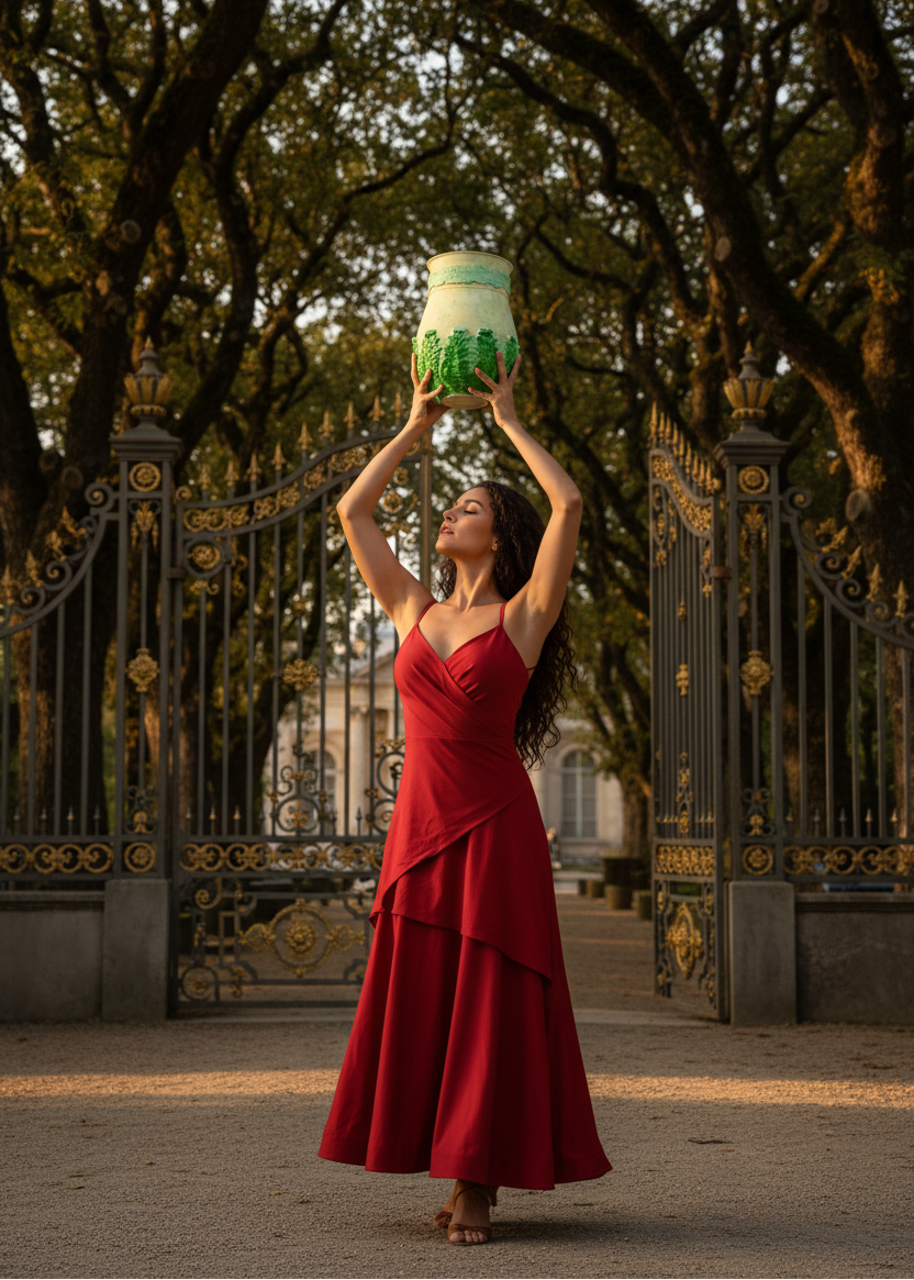 Woman in a red dress holding a green and white object in an outdoor setting with trees and a gate.