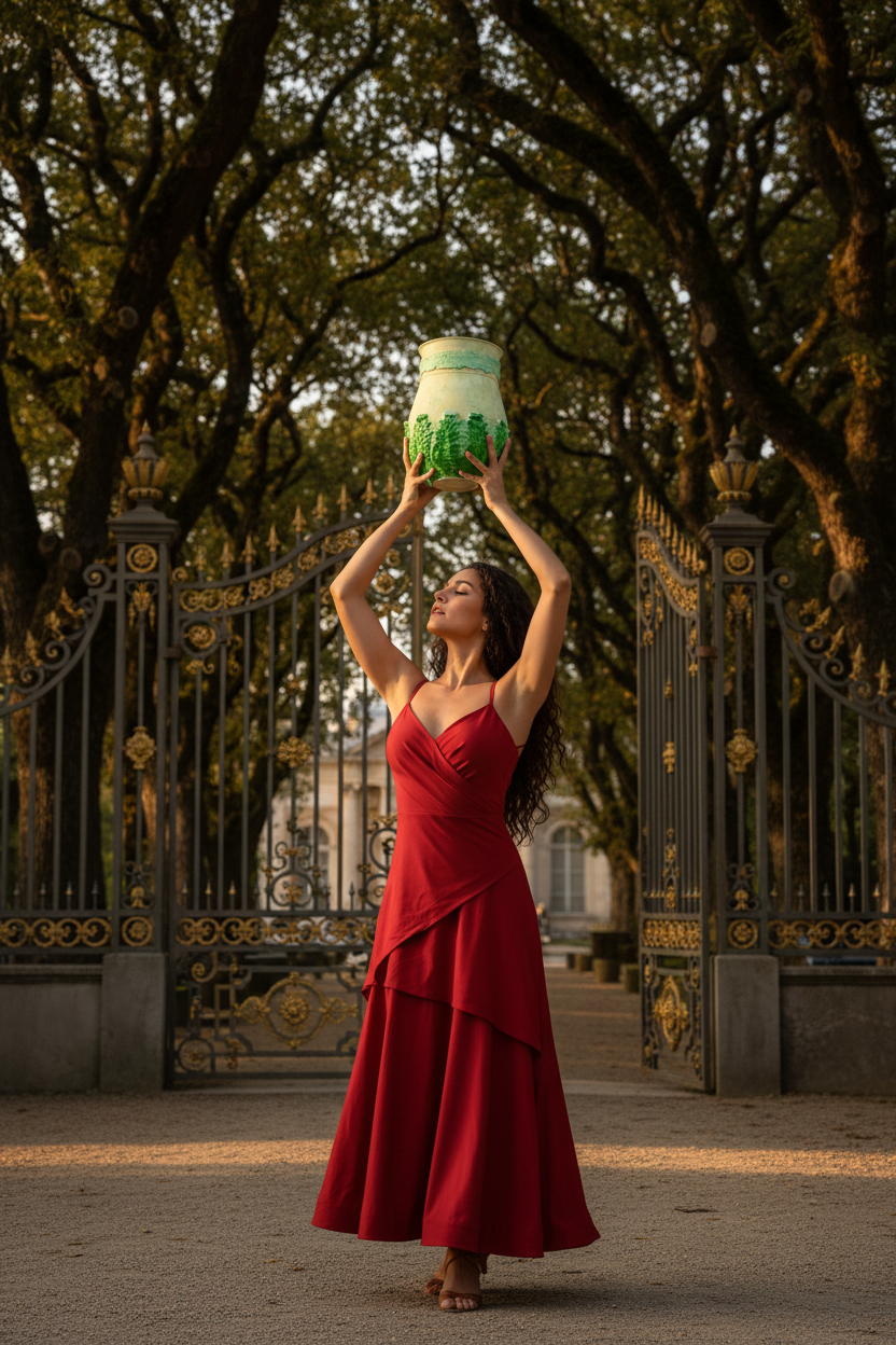 Woman in a red dress holding a green and white object in an outdoor setting with trees and a gate.