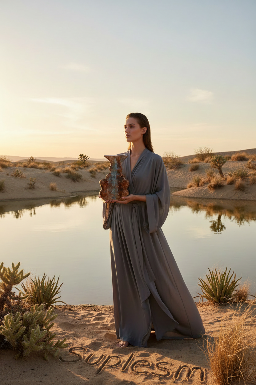 Woman in a long, flowing dress holding a vase in a desert landscape with cacti and wildflowers.