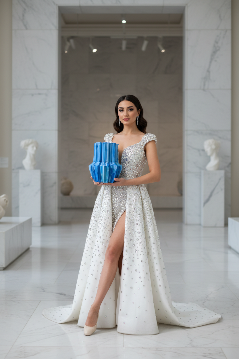Woman in a white evening gown holding a blue vase in a marble hallway.