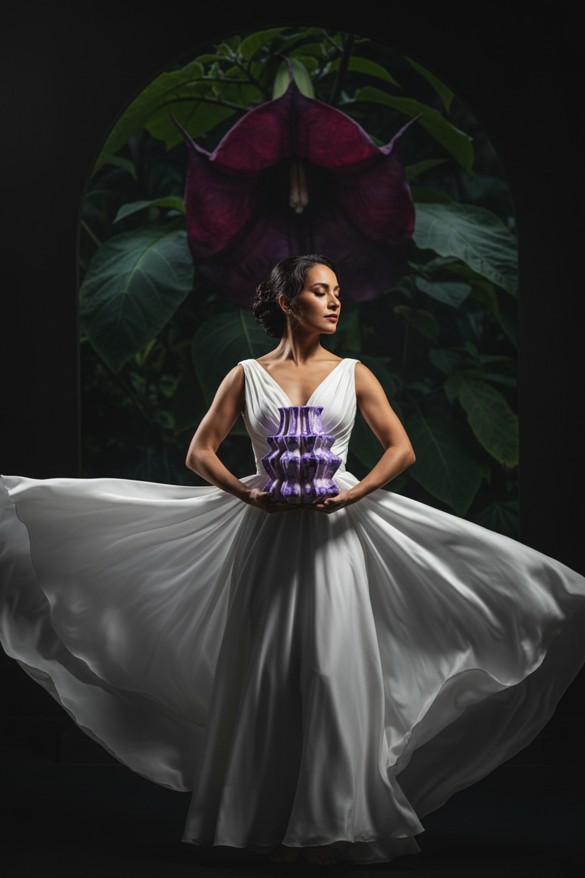 Woman in a white dress with a purple floral detail against a dark background with large leaves.