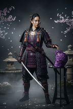 Person in traditional samurai armor with a sword in a misty, cherry blossom setting