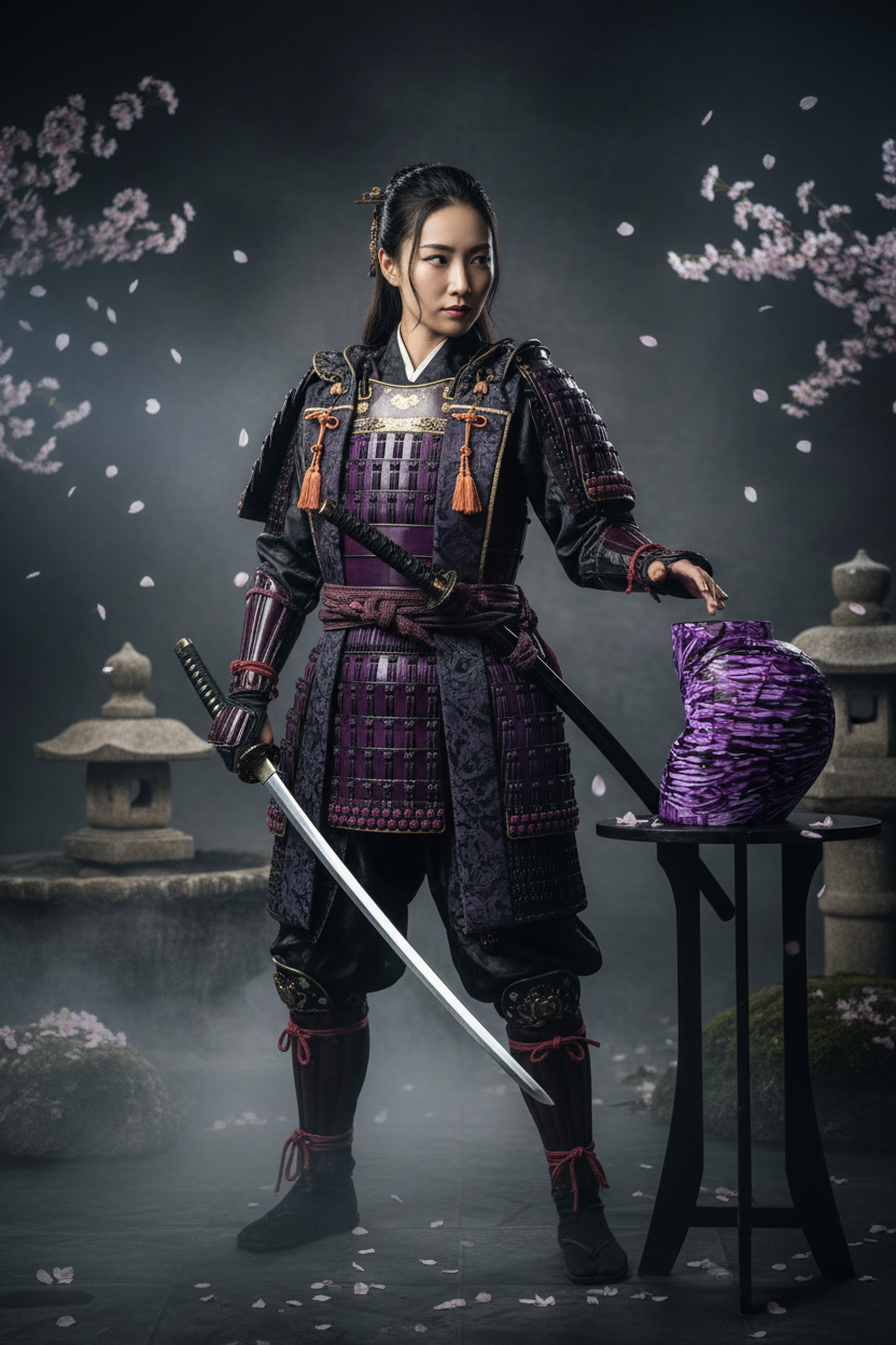 Person in traditional samurai armor with a sword in a misty, cherry blossom setting