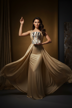 Woman in a flowing beige gown with a vase against a dark background