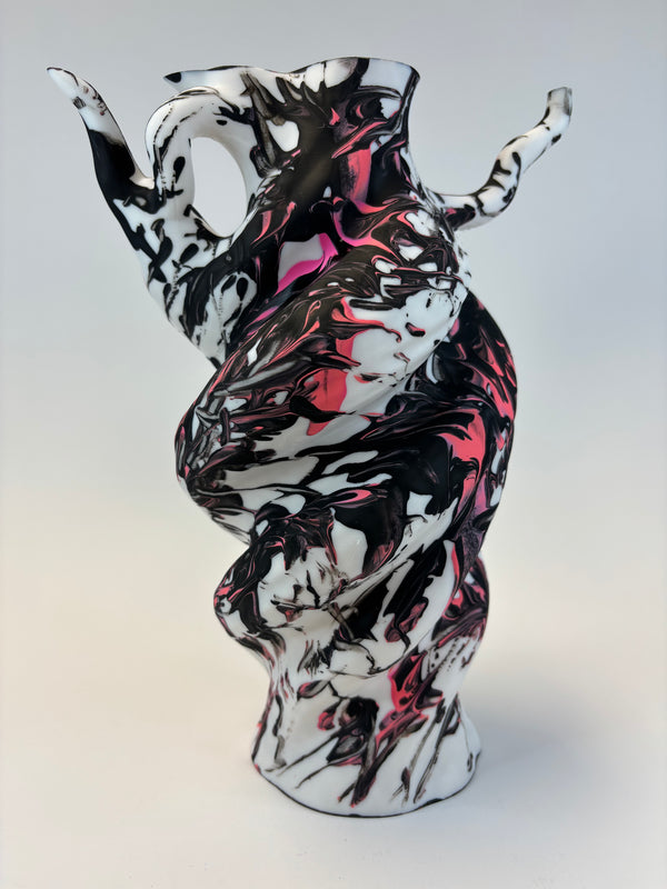 Abstract art piece with black, white, and pink colors on a gray background