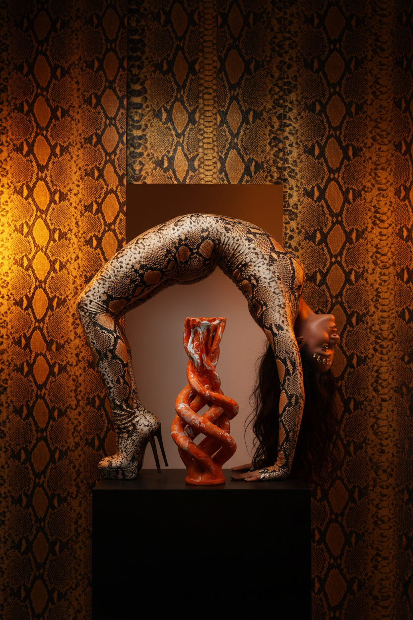 A fashion editorial photo featuring a model in a dramatic backbend pose wearing a snakeskin