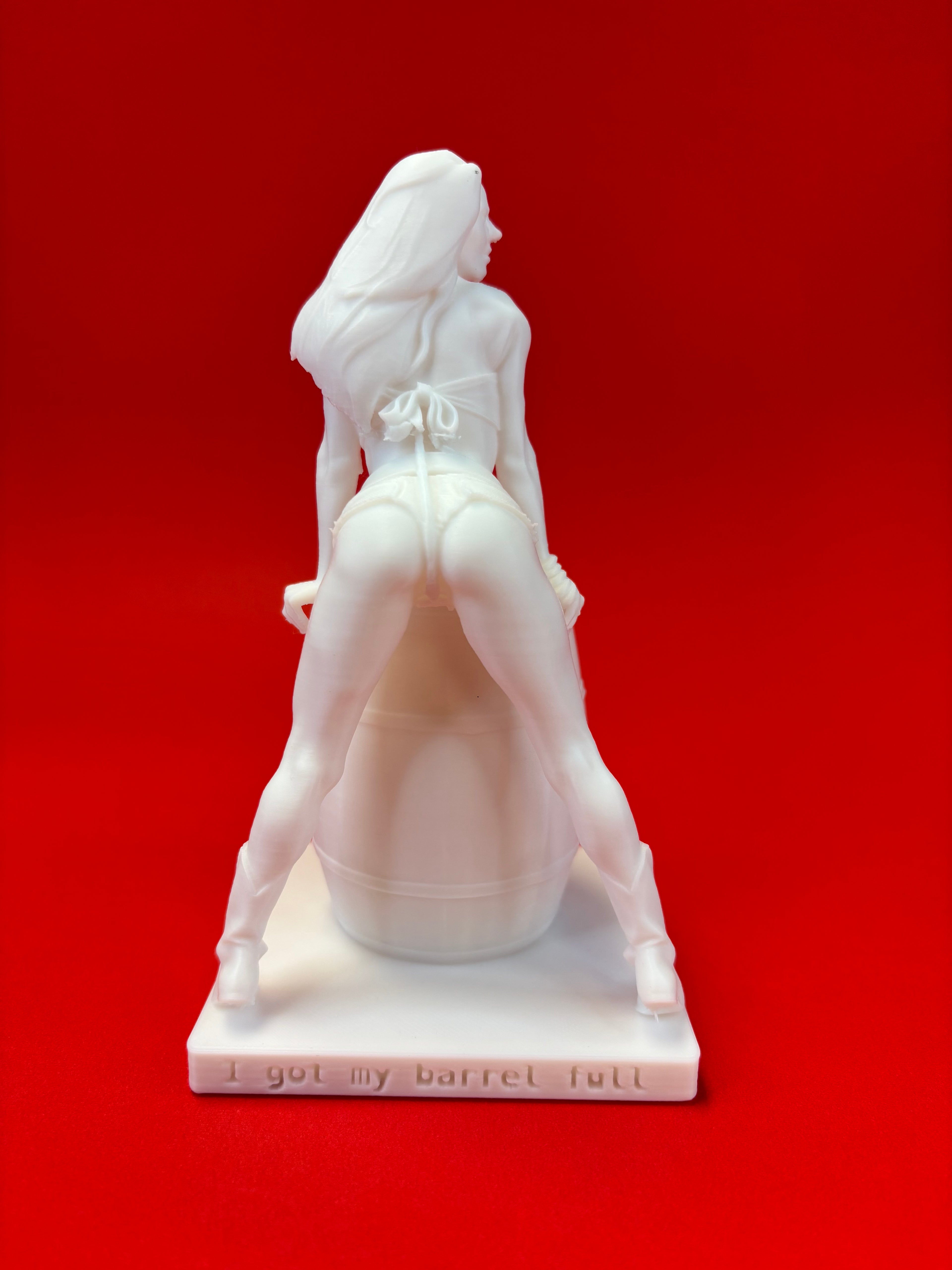 White statue of a woman on a red background