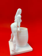 White model of a figure holding a container against a red background