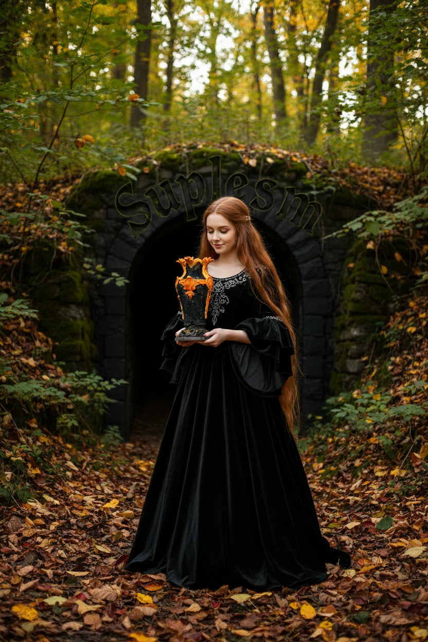 Woman in a black dress holding a vase in a forest setting