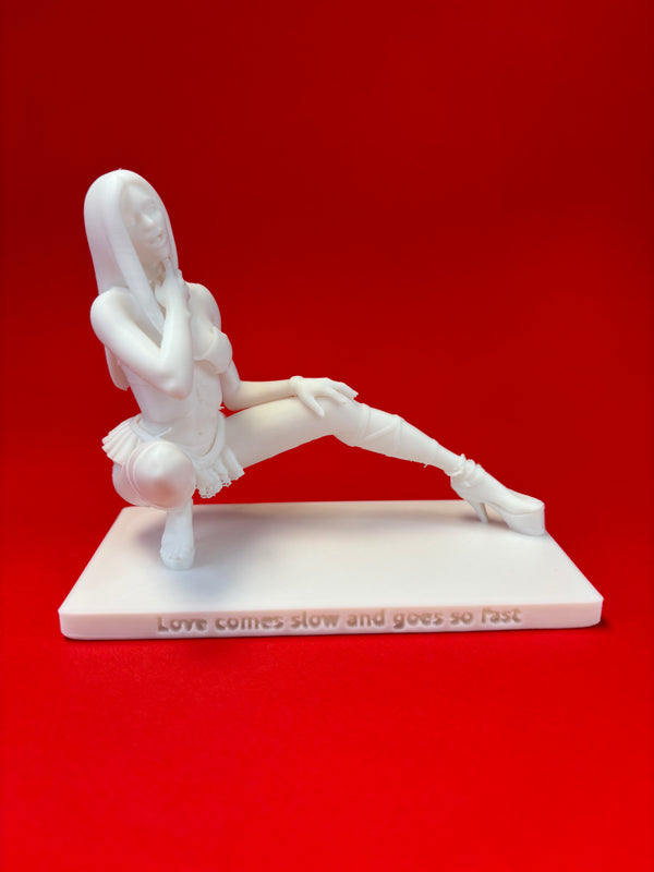 White sculpture of a person on a red background