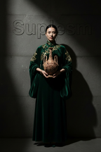 Person in a dark green embroidered dress holding a traditional vase against a gray background