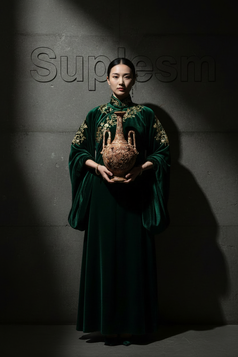 Person in a dark green embroidered dress holding a traditional vase against a gray background
